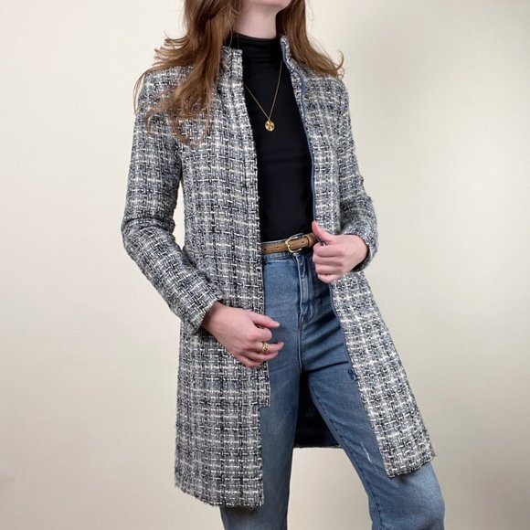 Vintage Silk Tweed Long Trench Jacket Peacoat Light Woven Preppy Light Academia - Picture 3 of 6